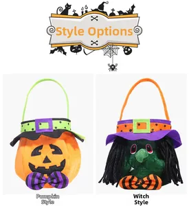 Detail of Halloween felt candy bags featuring pumpkin face and witch hat designs