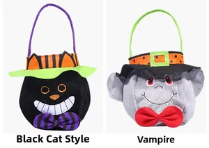 Detail view of Halloween candy bags with black cat and vampire fabric applique designs