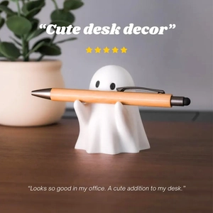 Cute ghost pen holder desk ornament in matte resin with minimalist white design