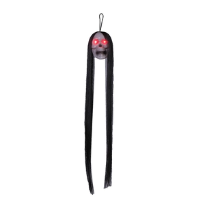 Hanging Halloween skull ghost with long black hair and glowing red LED eyes for spooky decor