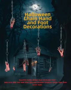 Close-up of Halloween horror hanging props featuring bloody hands and feet on metal chains