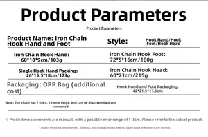 Detailed size specifications for Halloween horror prop chains including hook hand and foot