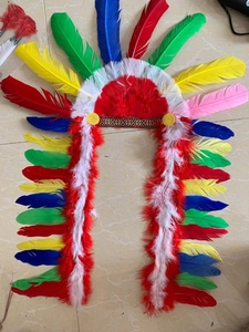 Détail d'une coiffe de chef indien en plumes colorées avec bandeau à motifs tribaux