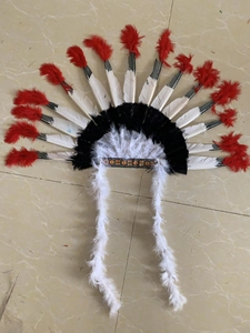 Détail de coiffe amérindienne avec plumes à pointes rouges et bandeau tribal brodé