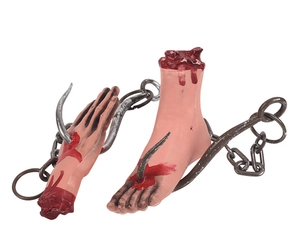 Realistic severed hand and foot props with metal hooks and rusty chains for Halloween decor