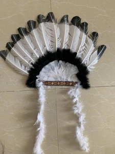 Détail de coiffe amérindienne avec plumes bicolores et bandeau tressé style tribal indien