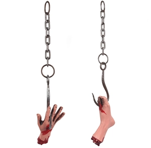 Realistic Halloween hanging severed hand and foot props with blood and rusty metal chains
