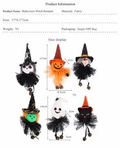Set of 6 Halloween plush pendants featuring pumpkin, ghost, and witch with bell detail