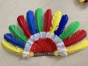 Détail d'une coiffe de plumes indienne colorée avec un bandeau brodé géométrique