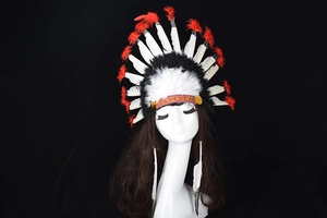 Détail de la coiffe de plumes indiennes rouges et blanches avec bandeau ethnique