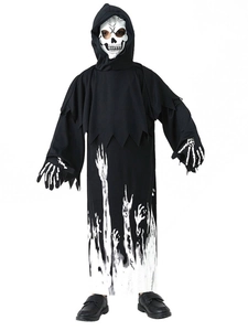 Dettaglio del costume da mietitore di Halloween per bambini con tunica e maschera