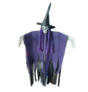 Dettaglio di fantasma strega di Halloween con tunica in rete viola e teschio