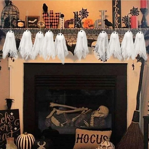 Set of 10 white ghost hanging ornaments with lace netting for Halloween party home decor