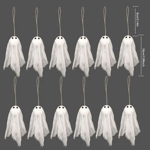 Set of 12 hanging white gauze ghosts for Halloween party decor with hanging ropes