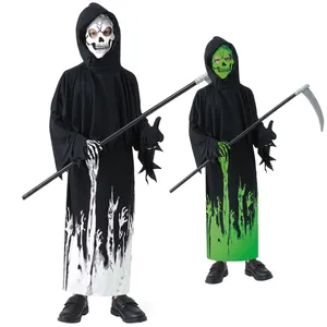 Costume da Tristo Mietitore per Bambini Fluorescente al Buio Con Falce Maschera Guanti Nero Halloween Cosplay Festa Poliestere