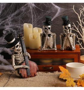 Dreiteiliges Halloween-Skelett-Figuren-Set mit Cellospieler und Schädeln mit Zylinder