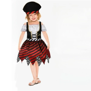 Costume de pirate pour fille avec robe à rayures rouges et chapeau pour cosplay Halloween