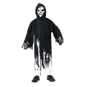 Costume da Tristo Mietitore per bambini con tunica nera con cappuccio e stampa di scheletro
