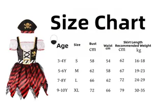 Guide des tailles pour déguisement de pirate fille avec mesures détaillées du S au XL