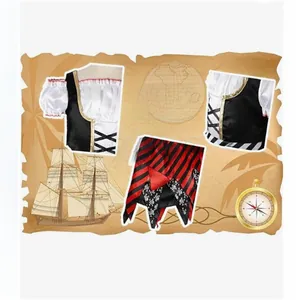 Costume de pirate détaillé avec gilet doré, laçage et jupe à imprimé tête de mort