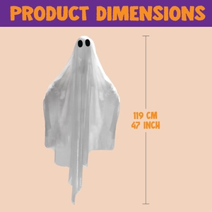 Detailed view of hanging ghost decoration with 119 cm height dimensions for Halloween