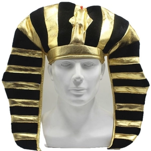 Classic black and gold Egyptian Pharaoh hat with snake head ornament on white model