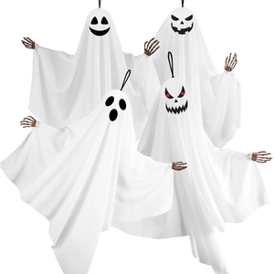 Set of four spooky white hanging ghosts with bone hands for Halloween party decor