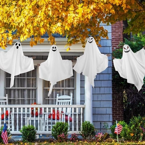 Set of four hanging Halloween ghost decorations with different facial expressions for yard