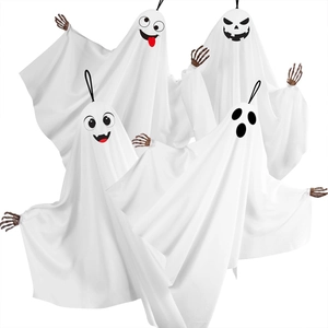 Set of 4 hanging Halloween ghosts with diverse expressions and skeleton hands for decor