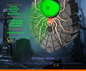 Halloween spider doorbell with glowing green eye, spooky sound effects, and rolling eyeball