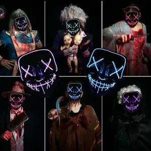 Detail of LED EL wire Halloween mask with X-shaped eyes and glowing stitched mouth