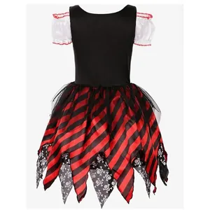 Ensemble de Costume de Pirate pour Filles pour Halloween Cosplay Party Robe à Rayures Rouges Avec Chapeau Et Masque