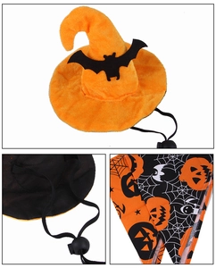 Détail du chapeau de sorcier et bandana à motif citrouille avec cordon pour animaux