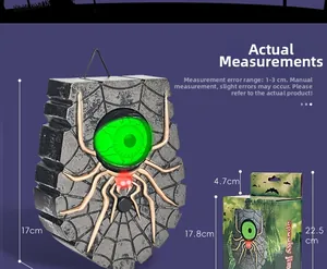 Size chart for Halloween spider doorbell showing product dimensions and color box packaging