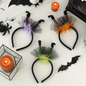 Halloween Witch Leg Headband Striped Mesh Feather Decorative Hair Band Cosplay Costume Party Accessory
