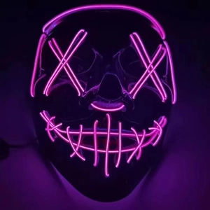 Detail of purple LED EL wire stitching and X eyes on a black Halloween horror mask
