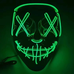 Detail of a black LED scary mask with glowing green EL wire crossed eyes and stitched mouth