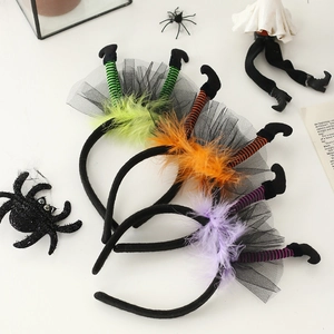 Set of three Halloween witch leg headbands with green, orange, and purple feather accents