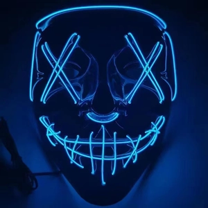 Detail of blue LED EL wire on black scary mask with glowing cross eyes and stitched mouth