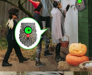 Detailed view of Halloween glowing spider doorbell with scary green eyeball and web texture