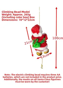 Détail macro du Père Noël électrique grimpant sur une chaîne à billes avec dimensions