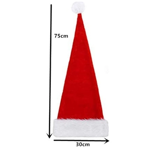 Extra long 75cm red plush Santa hat with white faux fur trim and pompom detail
