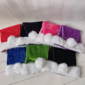 75cm long plush Christmas hats in seven assorted colors with white faux fur trim