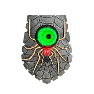 Halloween spider doorbell with glowing green eye and red light features on a stone base