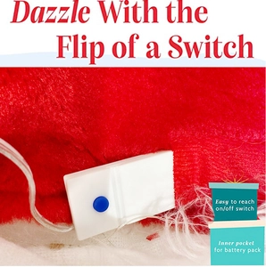 Detail view of the LED battery controller hidden inside the plush red Christmas hat
