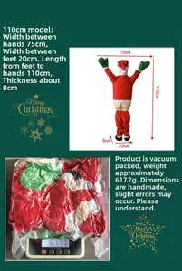 Detailed size measurement showing 110cm height and 617g weight of plush Santa Claus decor