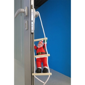 Détail du Père Noël grimpant sur une échelle de corde suspendue à une poignée de porte