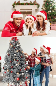 Family wearing LED Christmas hats and festive outfits near a decorated holiday tree