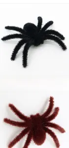 Detailed comparison of realistic black and brown-red flocked spiders for Halloween decor