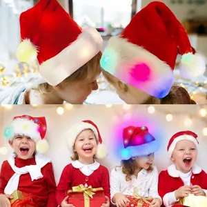 Luminous LED Christmas hat with colorful lights and white plush trim for holiday decoration